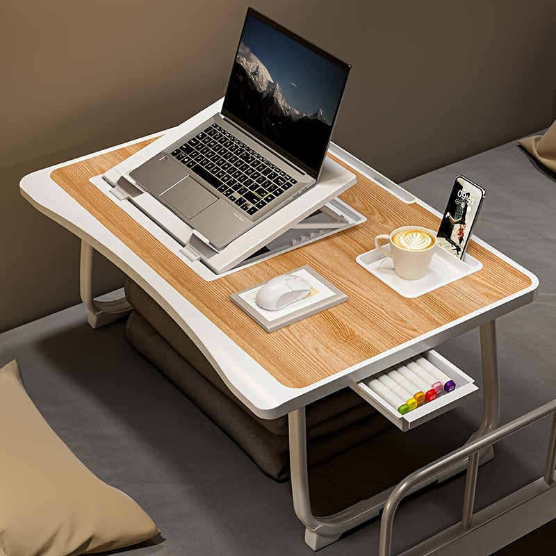 Bureau pour ordinateur portable pliable pour lit et canapé avec porte-gobelet, support pour téléphone, tiroir et port USB, plateau de petit-déjeuner pour travail et films – 6 styles