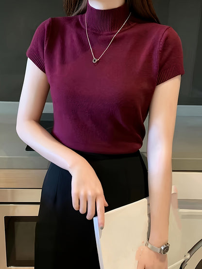 Pull à manches courtes et col montant en fibre glacée pour femme | Haut en maille fine rafraîchissant et léger, tenue décontractée et polyvalente pour l'été