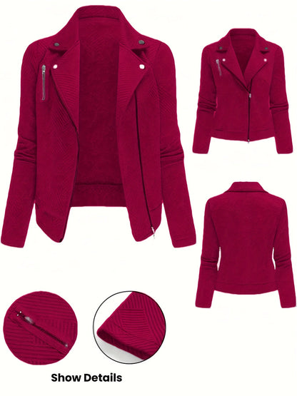 Veste de motard pour femme unie avec fermeture éclair et boutons à motif géométrique - Manteau de moto décontracté et élégant pour l'automne et l'hiver, idéal pour le quotidien ou un look streetwear