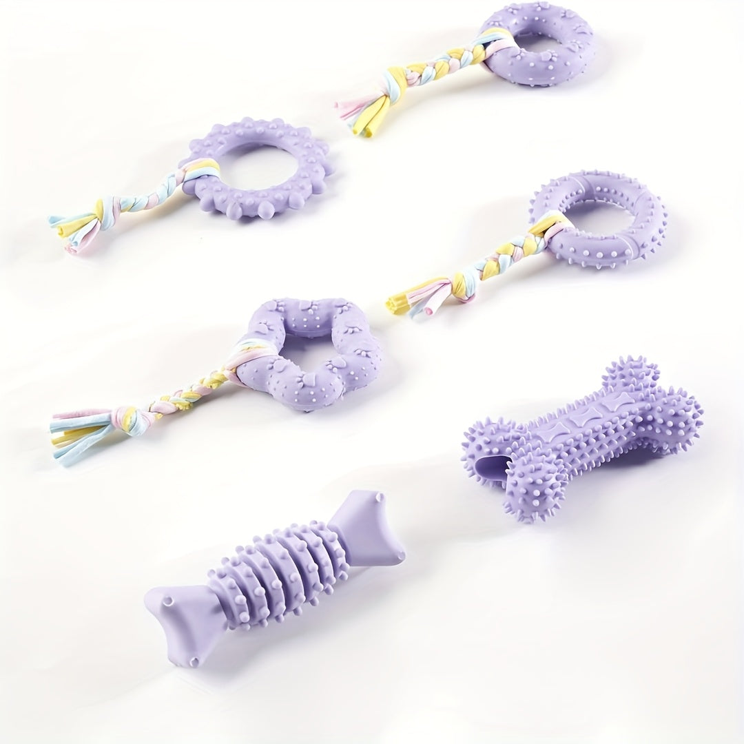 Jouets à mâcher souples en caoutchouc pour chien, lot de 6 – Jouets de dentition pour petits chiens, ensemble interactif de nettoyage des dents, 4 couleurs : violet, vert, bleu, rose