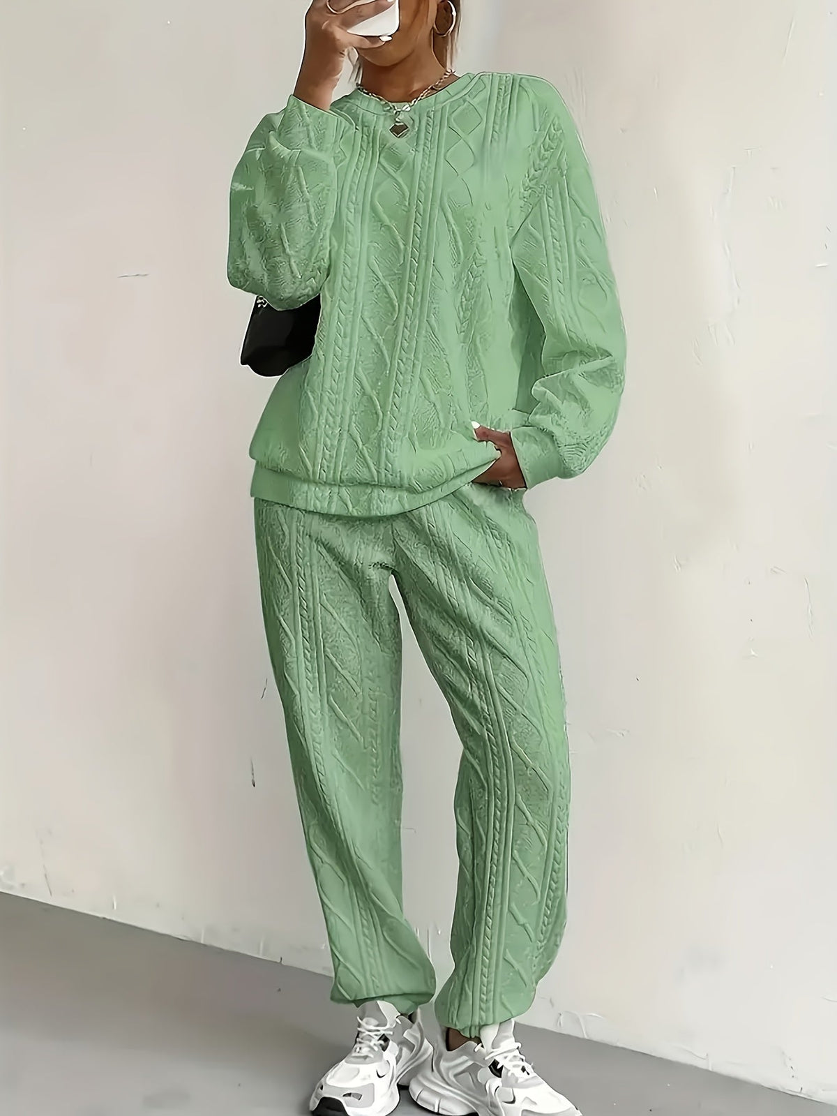 Ensemble survêtement 2 pièces pour femme – Haut à manches longues et col rond en jacquard texturé et pantalon de jogging, tenue de détente décontractée et respirante pour le printemps et l'été S-XXL