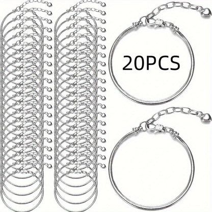 20-Piece Snake Chain Adjustable Bracelet Set 6.29 Inch Charm Bracelets with Lobster Clasp Extension Chain for Women DIY Jewelry Making Craft Supplies Beginner Gift