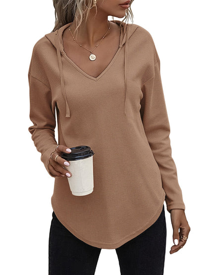 Sweat-shirt à capuche pour femme avec ourlet asymétrique, col en V et cordon de serrage - Pull décontracté à manches longues en maille pour l'automne et l'hiver