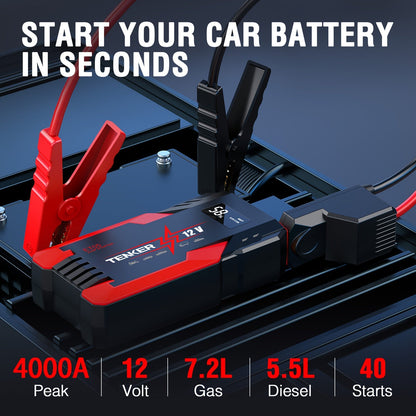 Démarreur de voiture 4000A/6000A avec compresseur d'air 150 PSI – Booster de batterie portable 2-en-1 et gonfleur de pneus, batterie externe à charge rapide USB, lampe de poche à 3 modes pour voitures, camions, motos et SUV
