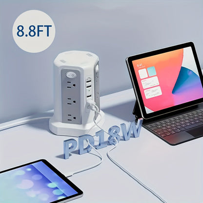 Tour multiprise, 16 prises CA, 5 ports USB, USB-C PD 20W, parafoudre 1500J, prise plate, rallonge de bureau