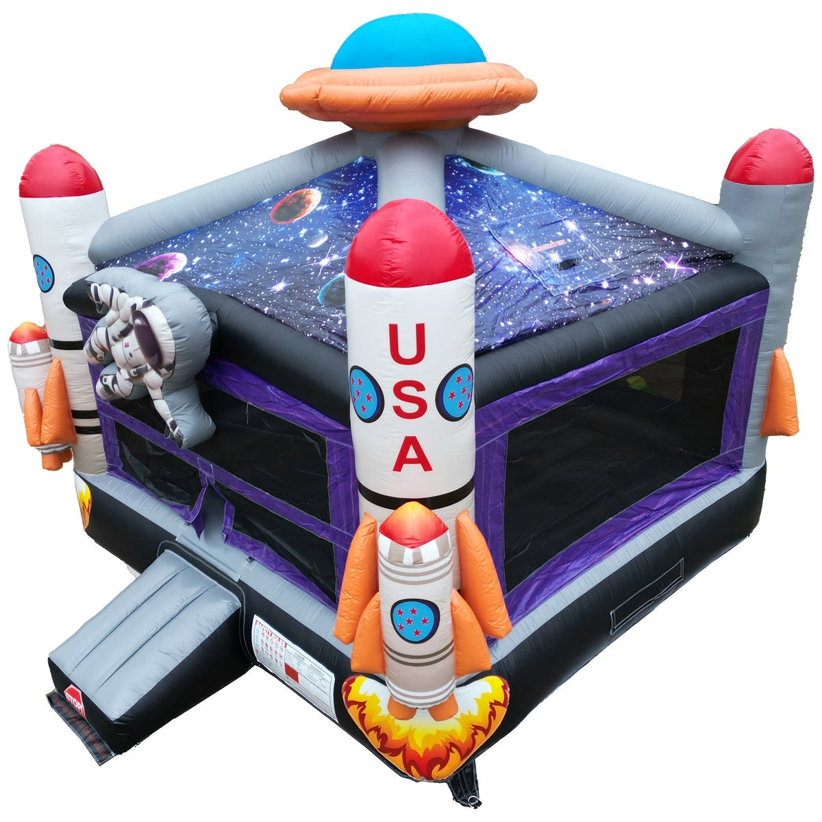 Château gonflable Espace 5 m - Structure gonflable professionnelle en PVC, thème astronaute et fusée, toit ciel étoilé, panier de basket, filets de sécurité à 360° | Fête d'enfants en extérieur (avec ou sans soufflerie)