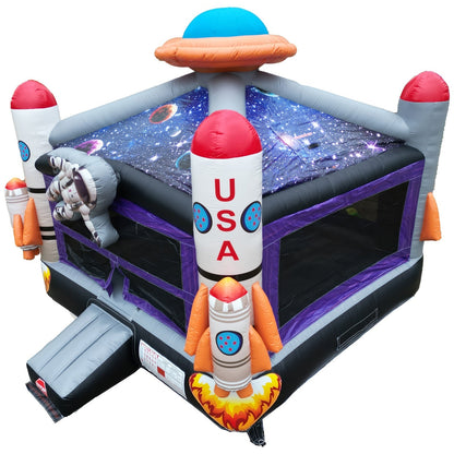 Château gonflable Espace 5 m - Structure gonflable professionnelle en PVC, thème astronaute et fusée, toit ciel étoilé, panier de basket, filets de sécurité à 360° | Fête d'enfants en extérieur (avec ou sans soufflerie)