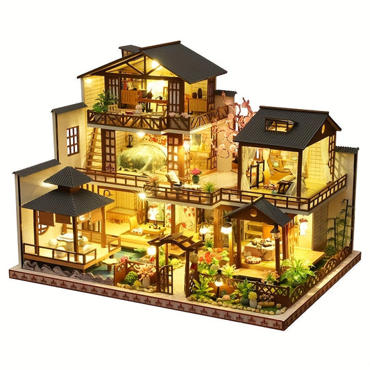Kit de modélisme puzzle 3D en bois, villa de style japonais – Maquette architecturale miniature faite à la main, cottage de jardin forestier à 3 étages, cadeau créatif STEM pour adultes et adolescents