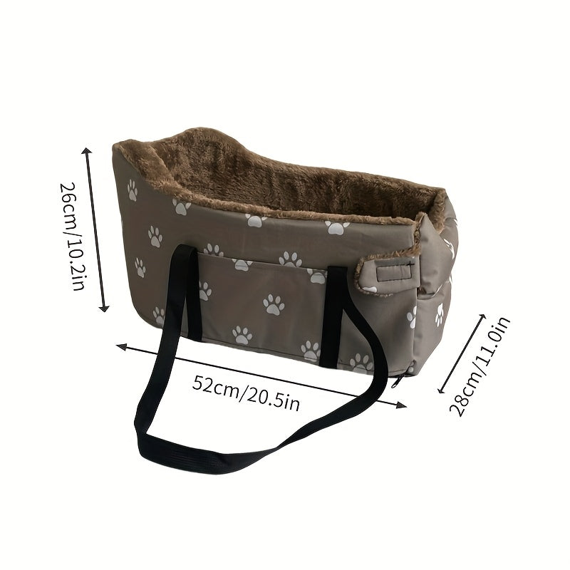 Nid pour console d'accoudoir de voiture pour animaux – Siège-lit portable pour petit chien et chat, nid pour console centrale avec motif d'empreintes de pattes, compagnon de voyage confortable pour petits animaux, empreintes noires et grises