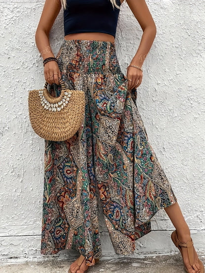 Women's Bohemian Wide Leg Pants High Waist Elastic Waist Paisley Floral Print Casual Flowy Trousers Spring Summer Fall S M L XL Multicolor