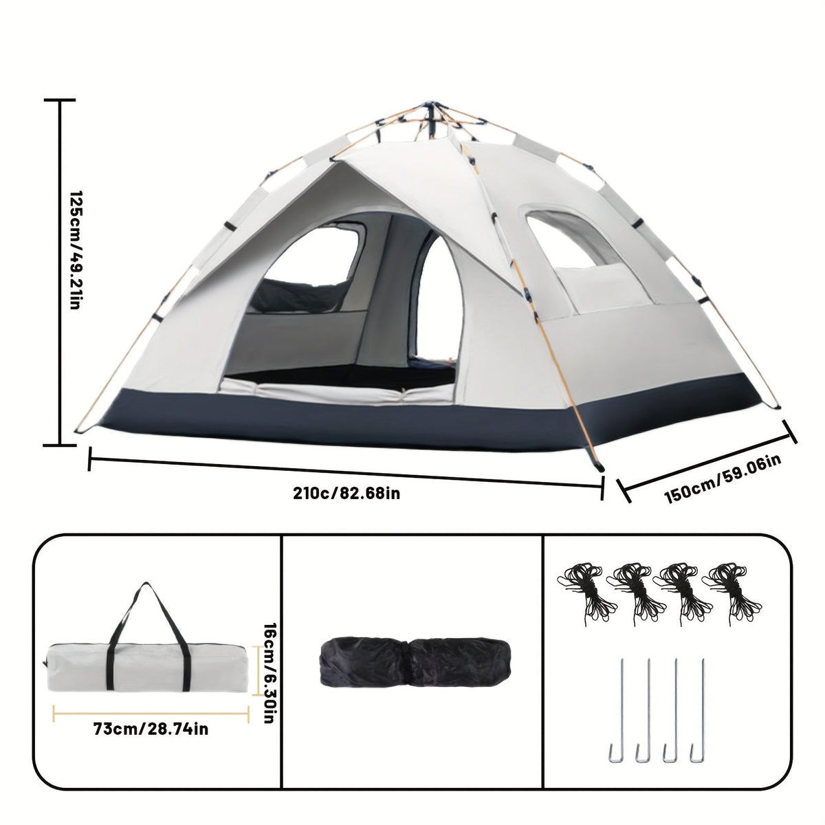 Tente de camping automatique pop-up, abri extérieur portable avec 2 portes et fenêtres – Tente de randonnée légère à montage instantané pour la plage, la randonnée, le camping-car, les voyages, auvent pare-soleil, gris nuage