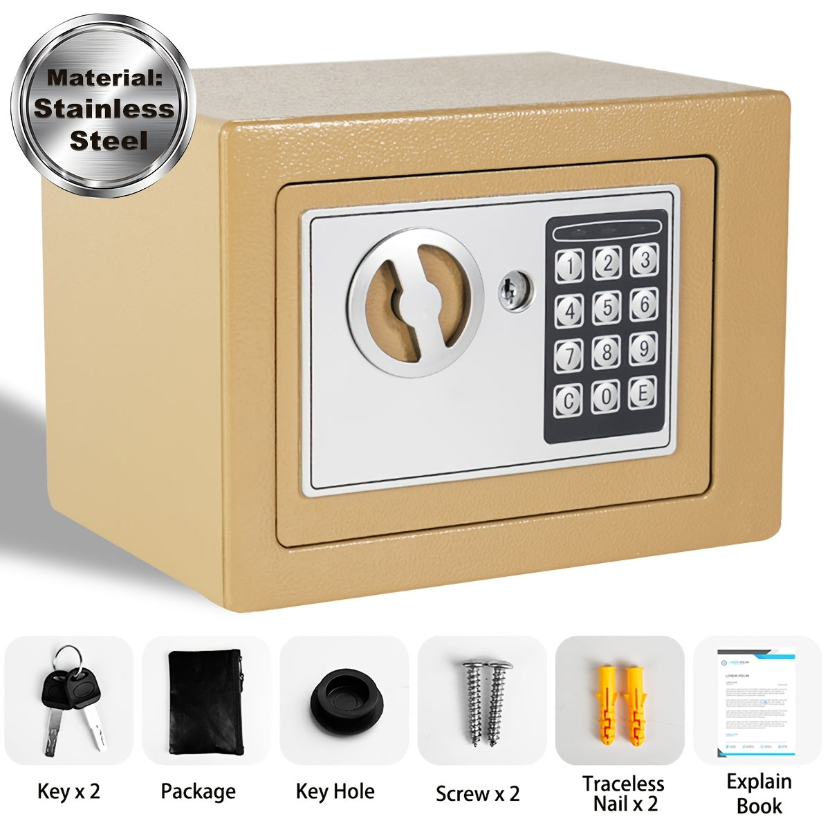 Coffre-fort ignifuge pour la maison avec clavier numérique, clés et verrouillage par code – Inclut sac ignifuge pour espèces, éclairage à détecteur et étagère réglable pour argent et objets de valeur au bureau ou à la maison