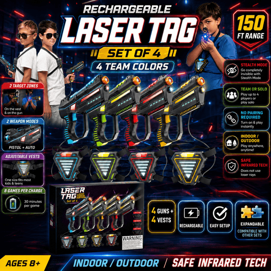 Ensemble de laser tag pour enfants, jeu rechargeable pour 4 joueurs avec 4 pistolets et 4 gilets ajustables, portée infrarouge de 45 mètres, station de charge, mode furtif, 2 modes d'arme – Cadeau d'anniversaire intérieur/extérieur pour 8 ans et plus