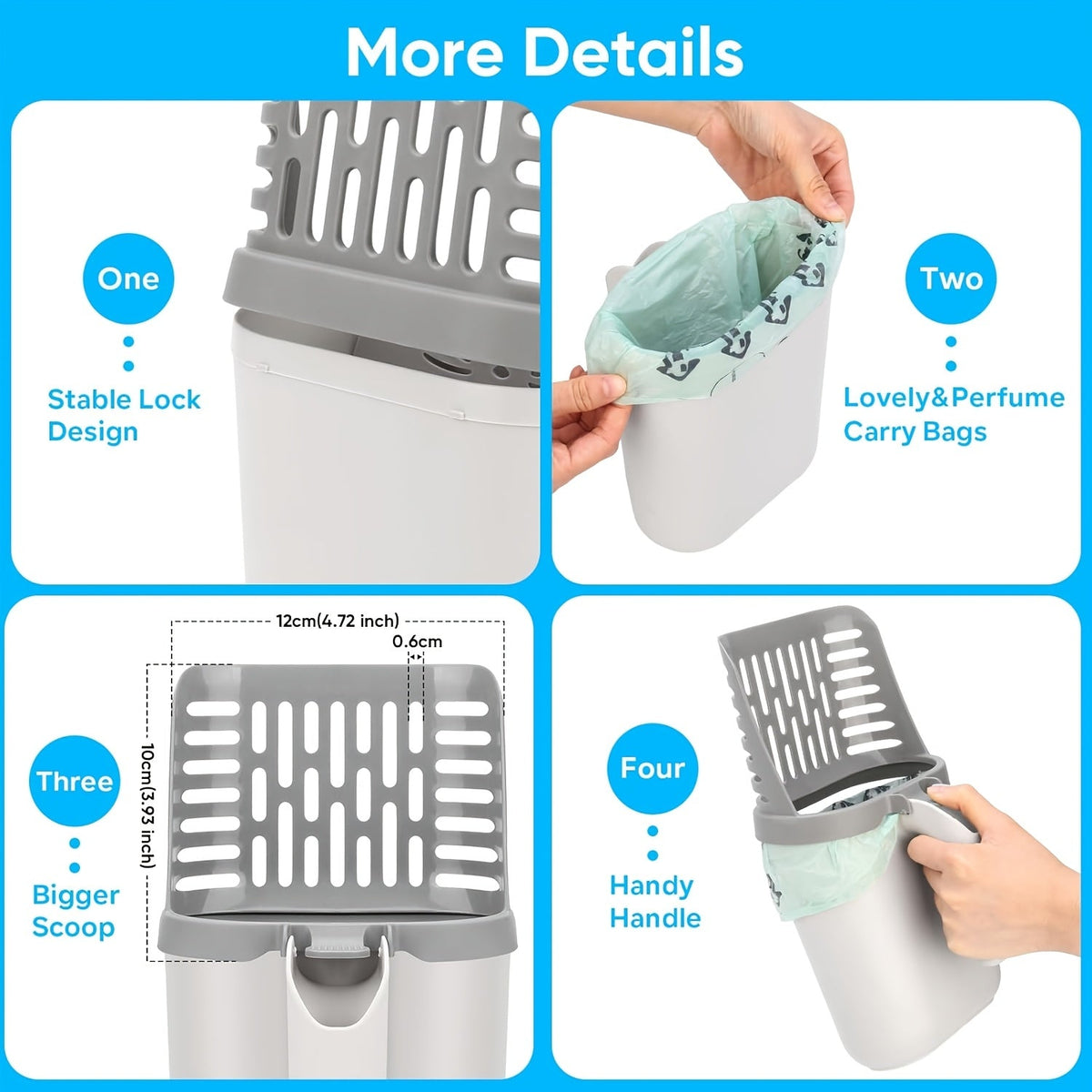 Pelle à litière avec support et sac de rechange – Pelle anti-déversement grande capacité, construction monobloc, base robuste, élimination facile des déchets pour foyers à plusieurs chats et voyages, gris blanc