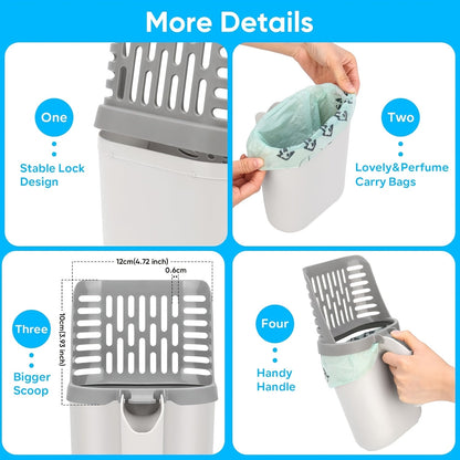 Pelle à litière avec support et sac de rechange – Pelle anti-déversement grande capacité, construction monobloc, base robuste, élimination facile des déchets pour foyers à plusieurs chats et voyages, gris blanc