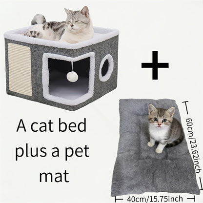 Maison pour chat pliable à 2 niveaux avec griffoir, balle suspendue en peluche et tunnel – Cube de couchage pour chat d'intérieur, structure en nylon et toile, design compact de 42 x 42 x 33 cm pour les petits espaces