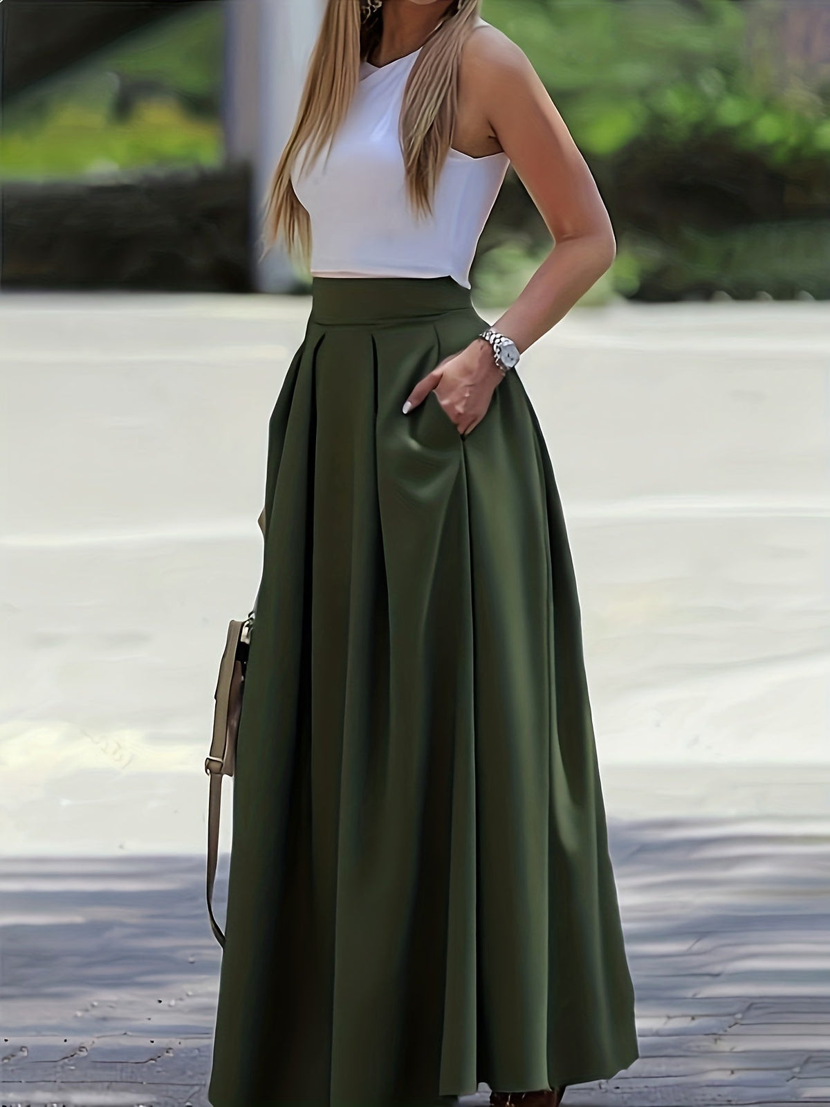 Women's High Waist A-Line Maxi Skirt Solid Color Flowy Elegant Long Skirt 97% Polyester Stretch Casual All-Season Skirt XS-XXL