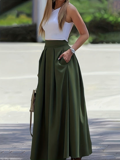 Women's High Waist A-Line Maxi Skirt Solid Color Flowy Elegant Long Skirt 97% Polyester Stretch Casual All-Season Skirt XS-XXL