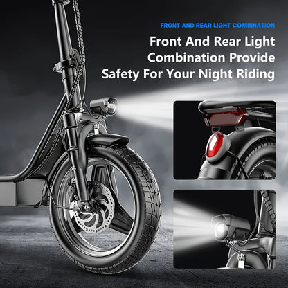 Electric Scooter with Seat – 30-Mile Range, 20 MPH, 14-Inch Pneumatic Tires, Dual Suspension, Height-Adjustable Seat & Handlebar, Front Basket & Double Brakes – Heavy-Duty Urban Commuter Scooter for Adults