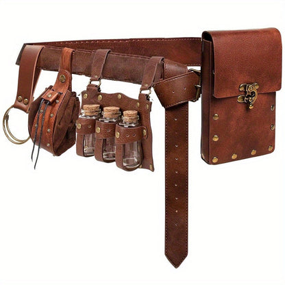 Ensemble de sacoche médiévale viking 5 pièces, pochette en similicuir avec fioles en verre, boucles et sangles, accessoire de costume vintage pour Halloween, cosplay, fête de la Renaissance, GN, jeu de rôle, noir, marron