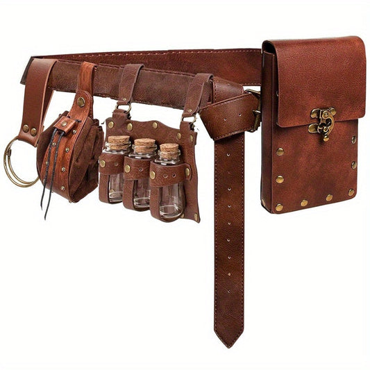 Ensemble de sacoche médiévale viking 5 pièces, pochette en similicuir avec fioles en verre, boucles et sangles, accessoire de costume vintage pour Halloween, cosplay, fête de la Renaissance, GN, jeu de rôle, noir, marron