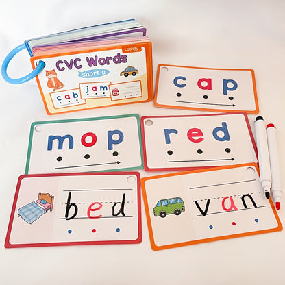 60 Pcs Erasable CVC Word Phonics Flash Cards for Kids Kindergarten Preschool Reading Spelling Learning Aids Beginning Readers Word Builders Mixed Colors Classroom Homeschool Supplies Gift