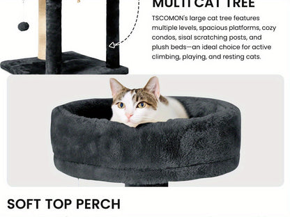 Arbre à chat multi-niveaux de 150 cm pour chats d'intérieur – Grand arbre à chat avec zone de repos en peluche, poteau à griffer en sisal et jouet à balle suspendue – Idéal pour chambre, salon et foyers multi-chats – Velora