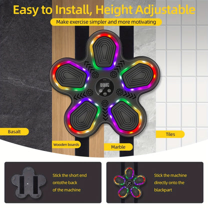 Machine de boxe musicale intelligente avec gants – Montage mural, éclairage rythmique LED, Bluetooth, 9 modes de vitesse, compteur de coups LED intelligent, cadeau de fitness pour salle de sport à domicile pour adultes et adolescents