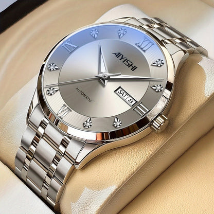 Montre à quartz de luxe pour homme, cadran tourbillon en acier inoxydable, affichage de la date, luminescence nocturne, montre sport et habillée, garde-temps élégant, cadeau de fête des pères pour homme