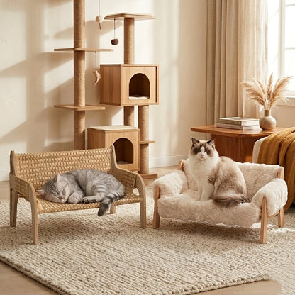 Canapé-lit surélevé pour animaux, fauteuil de repos pour chien et chat en bois massif avec tapis en bambou, meuble moderne pour petits et moyens chiens et chats, robuste et élégant, gris et blanc