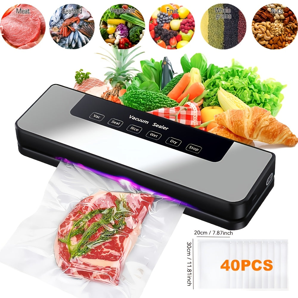 Machine de mise sous vide 65 KPA 6-en-1 avec 40 sacs gratuits – Modes humide et sec, scelleuse sous vide automatique pour la conservation des aliments, appareil professionnel et domestique avec tuyau externe