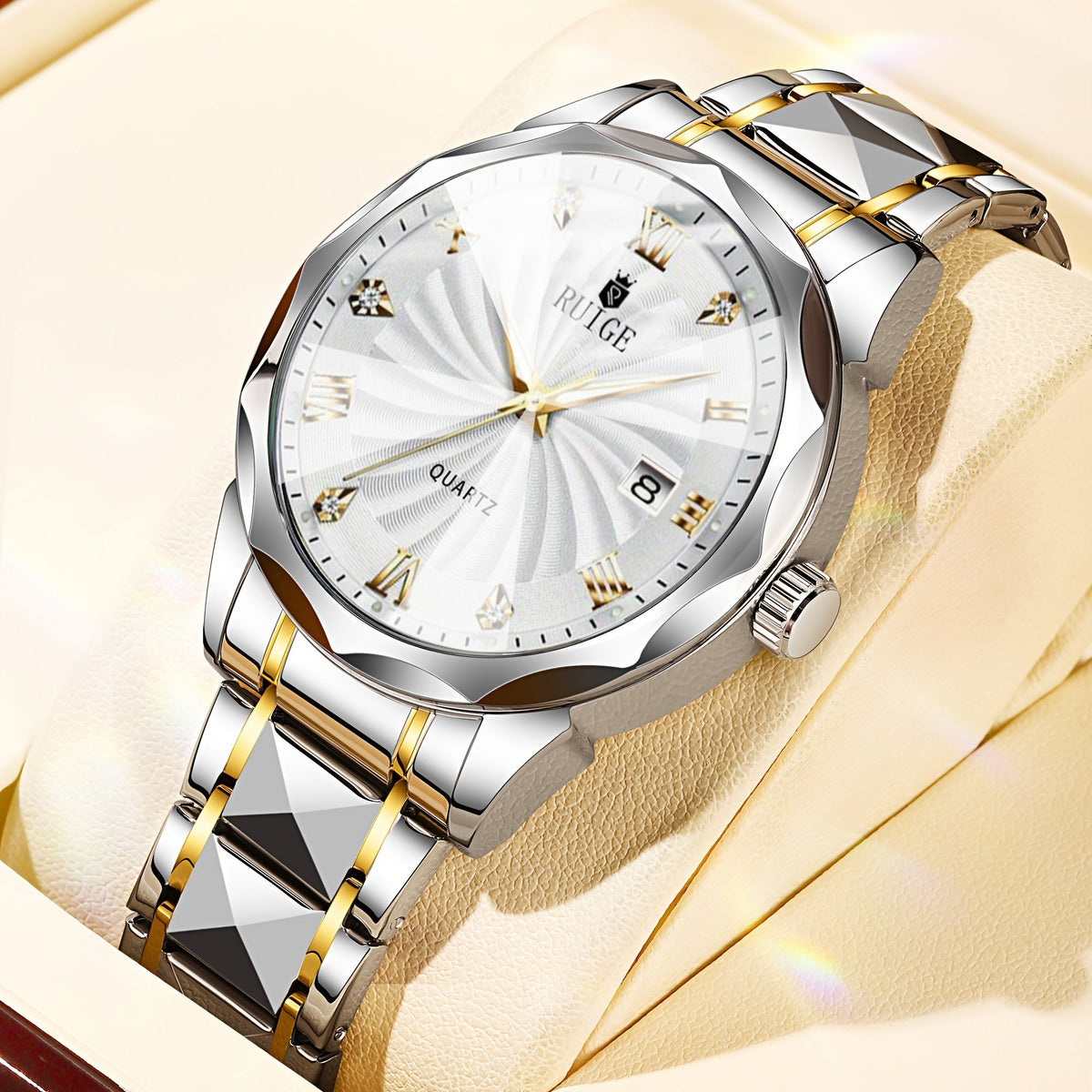 Montre à quartz pour homme RUIGE – Veilleuse, double calendrier, cadran à facettes façon diamant, boîtier en acier inoxydable, bracelet en alliage, montre-bracelet business décontracté, cadeau idéal pour la fête des pères