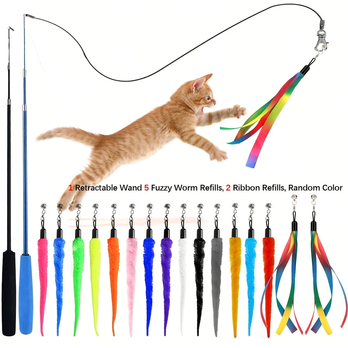 Ensemble de jouets interactifs pour chat – Canne télescopique avec 5 recharges de vers en peluche et 2 recharges à ruban, grelot détachable, sans pile, adapté à tous les chats et chatons (8 pièces)