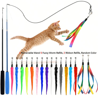 Ensemble de jouets interactifs pour chat – Canne télescopique avec 5 recharges de vers en peluche et 2 recharges à ruban, grelot détachable, sans pile, adapté à tous les chats et chatons (8 pièces)