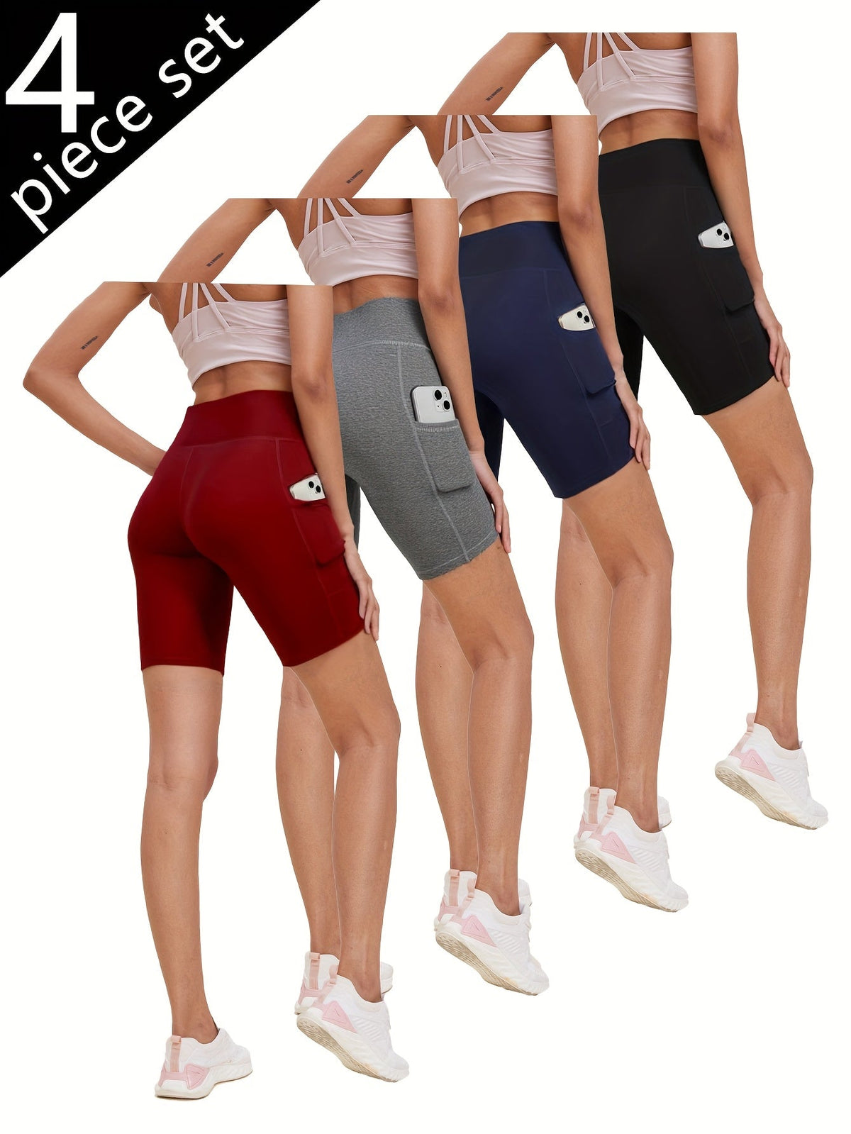 Shorts de yoga taille haute pour femmes, lot de 4, effet push-up, 5 poches – Shorts de sport respirants, extensibles et sans couture pour l'été, le yoga, le Pilates et l'entraînement en salle (Rouge, Noir, Gris, Bleu marine)