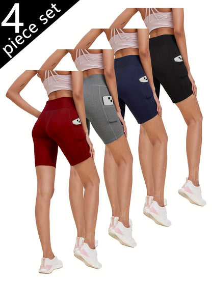 Shorts de yoga taille haute pour femmes, lot de 4, effet push-up, 5 poches – Shorts de sport respirants, extensibles et sans couture pour l'été, le yoga, le Pilates et l'entraînement en salle (Rouge, Noir, Gris, Bleu marine)