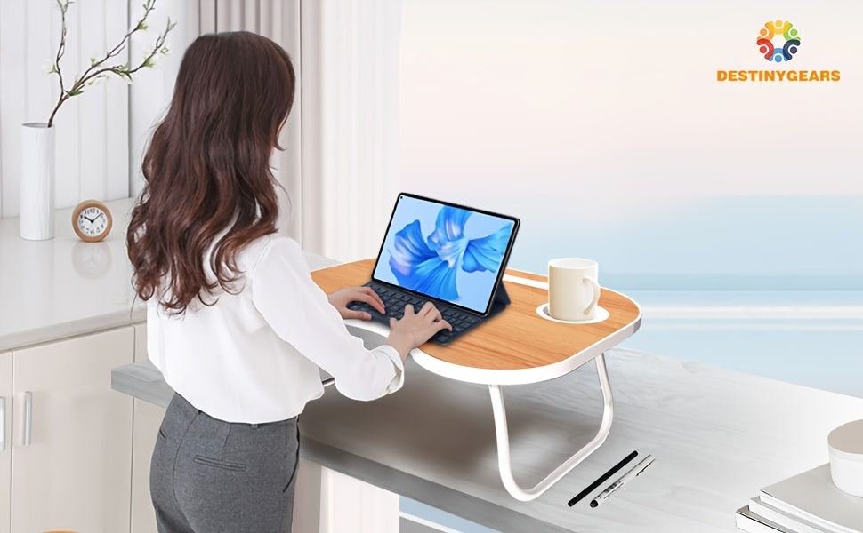Support pour ordinateur portable avec port USB, tiroir de rangement et porte-gobelet – Plateau de lit en bois noyer pour manger, écrire, canapé, adultes et étudiants