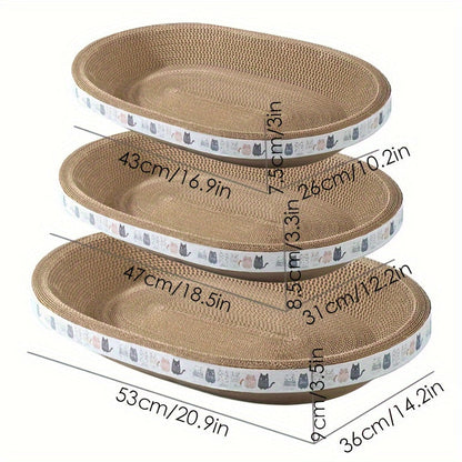 Oval Cat Scratching Board & Lounge Bed – 3-Pack Durable Cardboard Cat Scratcher with Resting Area, 3 Sizes S/M/L for Indoor Cats & Kittens, Space-Saving Flat Design