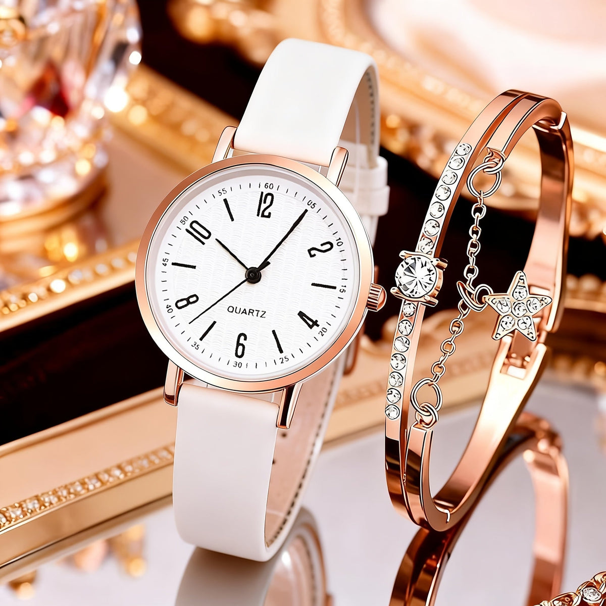 Coffret montre cœur orné de strass pour femme – 2 montres à quartz avec bracelet en similicuir, ensemble de montres-bracelets or rose et rose, idée cadeau pour la Saint-Valentin, les anniversaires et les fêtes