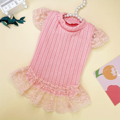 High Neck Flutter Sleeve Knit Dress for Dogs and Cats – Warm Autumn Winter Pet Sweater Dress, Soft Knit Pullover Skirt for Small Medium Pets, S M L XL, Pink Cozy Holiday Pet Outfit