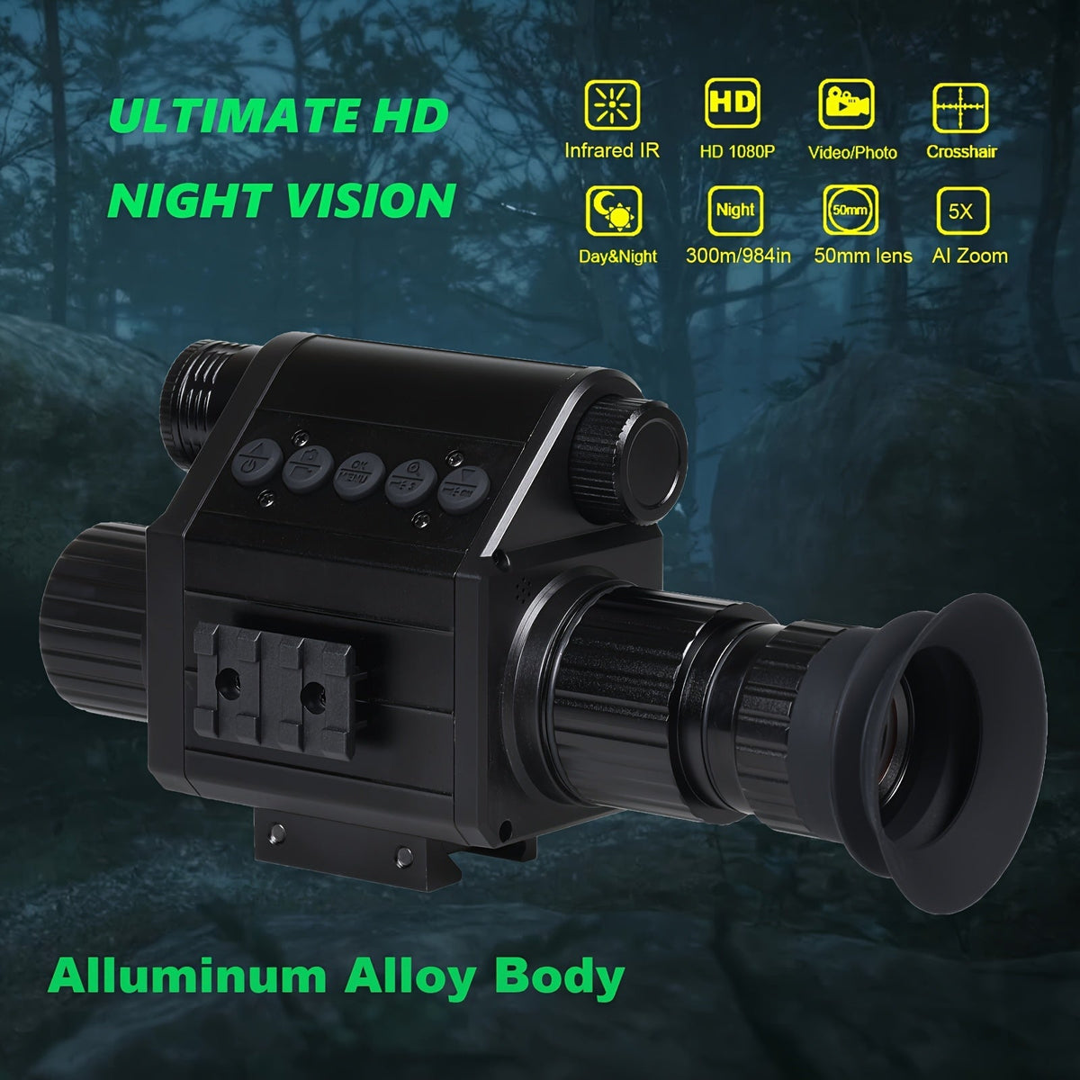 Lunette de vision nocturne numérique pour la chasse – Monoculaire infrarouge, zoom 5x, enregistrement vidéo HD 1080p, carte TF 32 Go et batterie 2600 mAh, réticule intégré pour la chasse, le camping et l'aventure en pleine nature