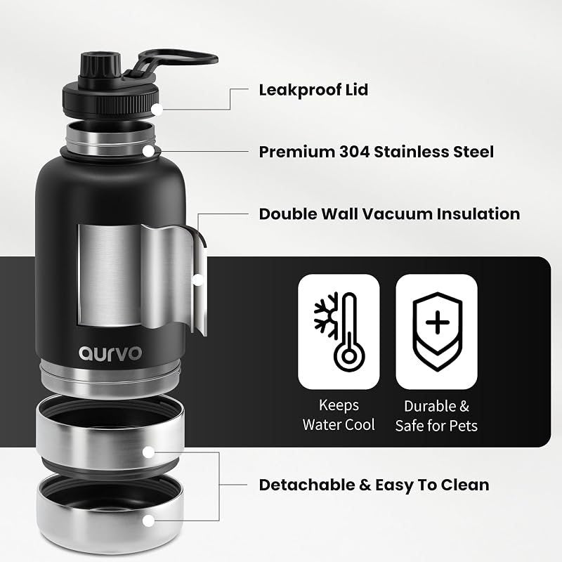 Gourde pour chien de 950 ml avec bol intégré – Gourde de voyage isotherme en acier inoxydable, étanche et portable pour la randonnée, le camping, les promenades et les sorties en plein air – Distributeur d'eau de voyage pour chien