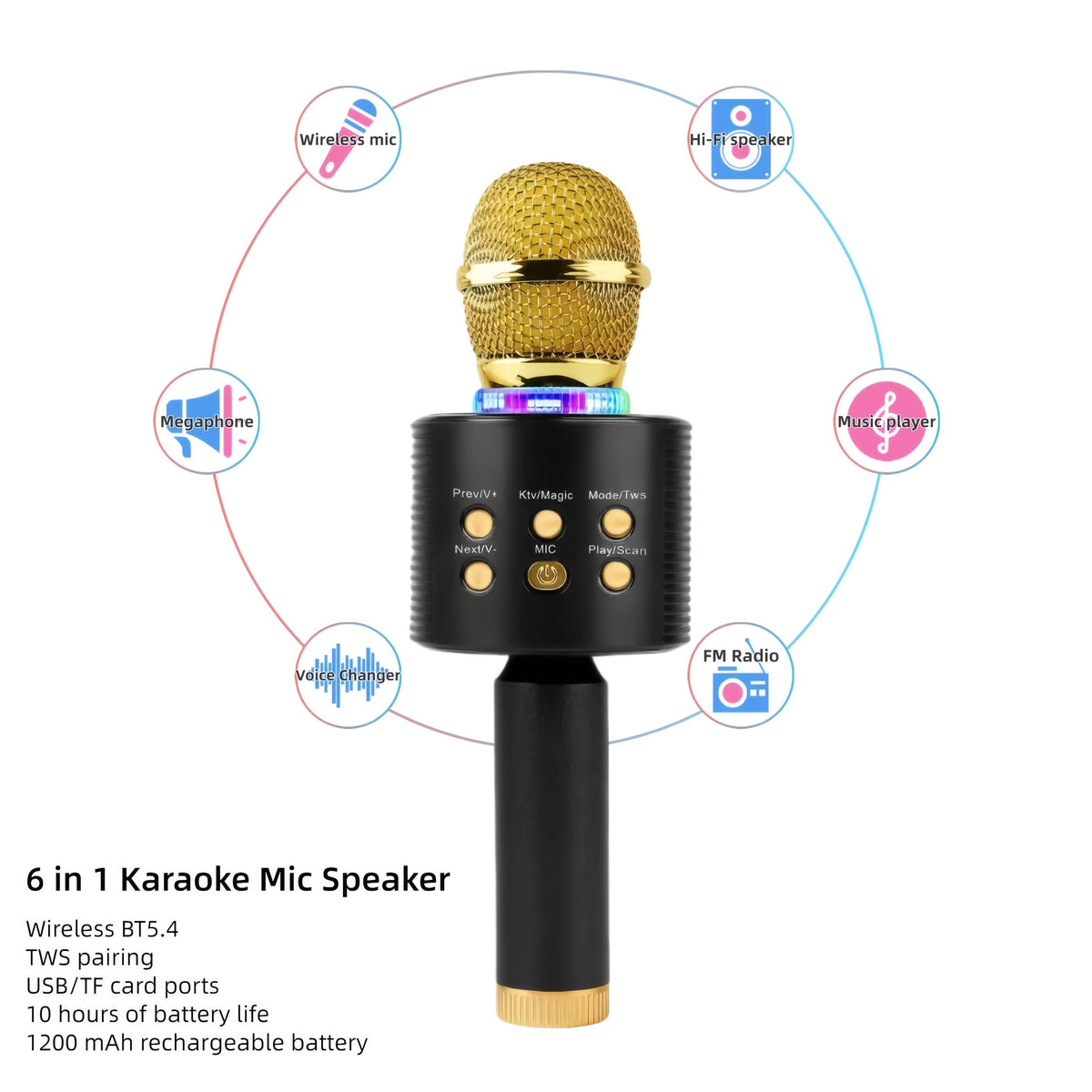 Microphone karaoké sans fil 5-en-1 avec haut-parleur intégré, lumières LED et changeur de voix – Micro de chant Bluetooth portable pour fêtes, réunions de famille, voyages et activités en plein air, 10 couleurs