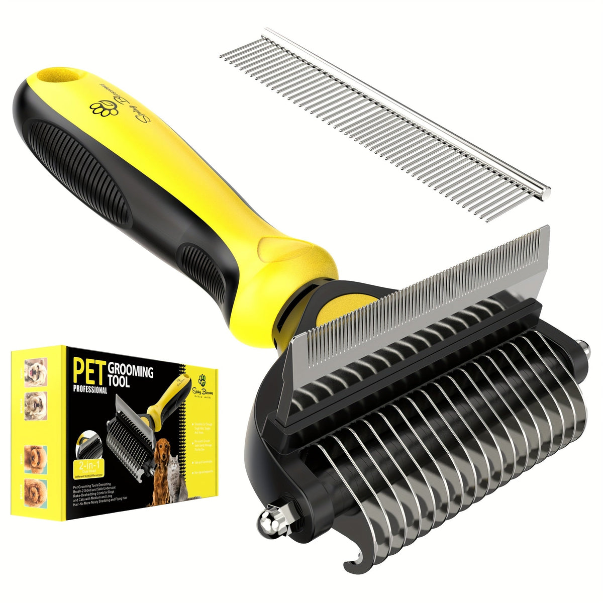 Brosse double face pour le démêlage et l'entretien du pelage des chiens et chats - Outil de toilettage du sous-poil pour poils courts à longs, brosse douce éliminant les poils morts et les nœuds, 2 couleurs (cyan/jaune)