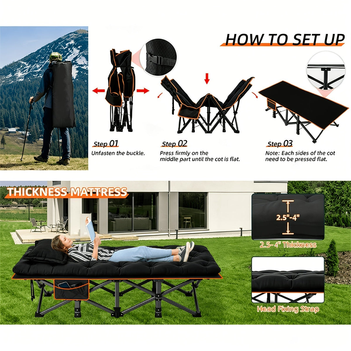 Lit pliant ultra-résistant supportant jusqu’à 285 kg avec matelas en option – Lit de camp portable avec pieds de support multiples, poches latérales et oreiller, lit d'appoint toutes saisons de 150 à 195 cm, peu encombrant