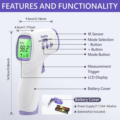 Thermomètre frontal sans contact pour adultes et enfants – Thermomètre infrarouge numérique avec alarme de fièvre, écran rétroéclairé 3 couleurs, 28 mémoires, résultats rapides et précis pour tous les âges