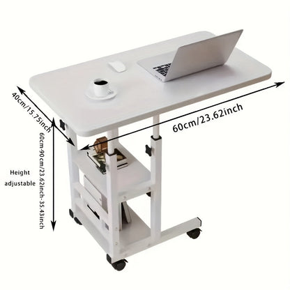 Table pour ordinateur portable réglable en hauteur avec 4 roulettes et double étagère – Bureau poste de travail mobile pour chevet, dortoir, bureau, salon, structure en acier robuste, design gain de place