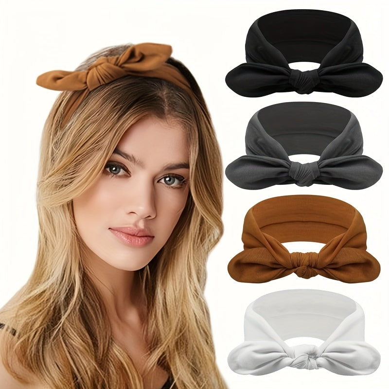 Lot de 4 bandeaux larges à oreilles de lapin pour femmes – Accessoire cheveux élastique antidérapant en satin pour le sport, le yoga et la salle de sport, ensemble turban doux et épais, idée cadeau