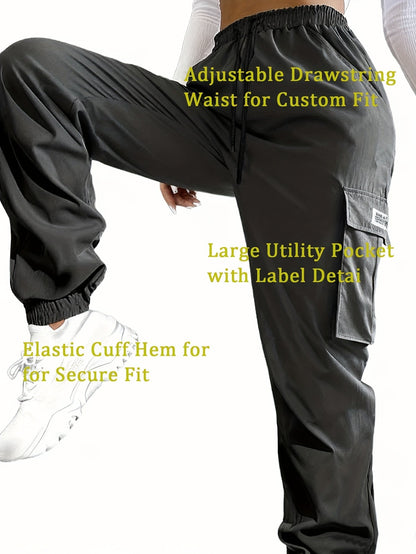 Pantalon cargo pour femme avec poches zippées – Taille élastique à cordon de serrage, grandes poches, pantalon décontracté pour l'extérieur, noir, gris, vert, bleu, XS-XXL