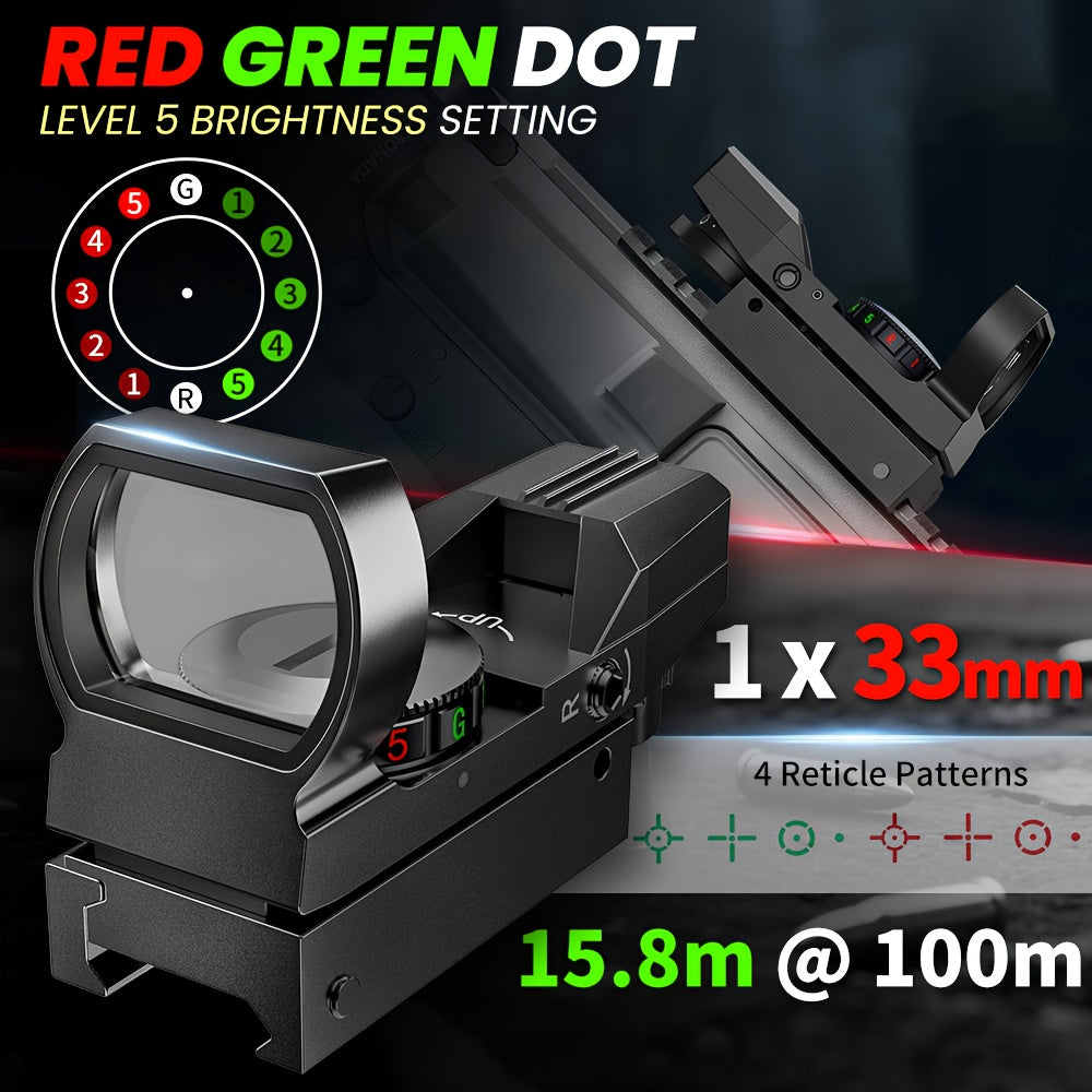 Viseur point rouge et vert 33 mm – 4 types de réticules, 5 niveaux de luminosité, lunette de visée ultralégère sans parallaxe pour fusils, fusils de chasse et carabines, pour la chasse, le tir sur cible et usage tactique, pile CR2032 incluse